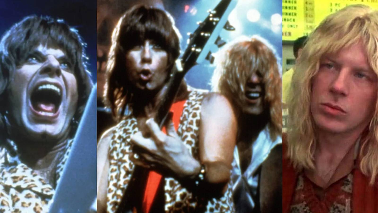 Nigel Tufnel playing guitar on stage; Nigel and David playing together on stage; David St. Hubbins in an interview at a fast food place