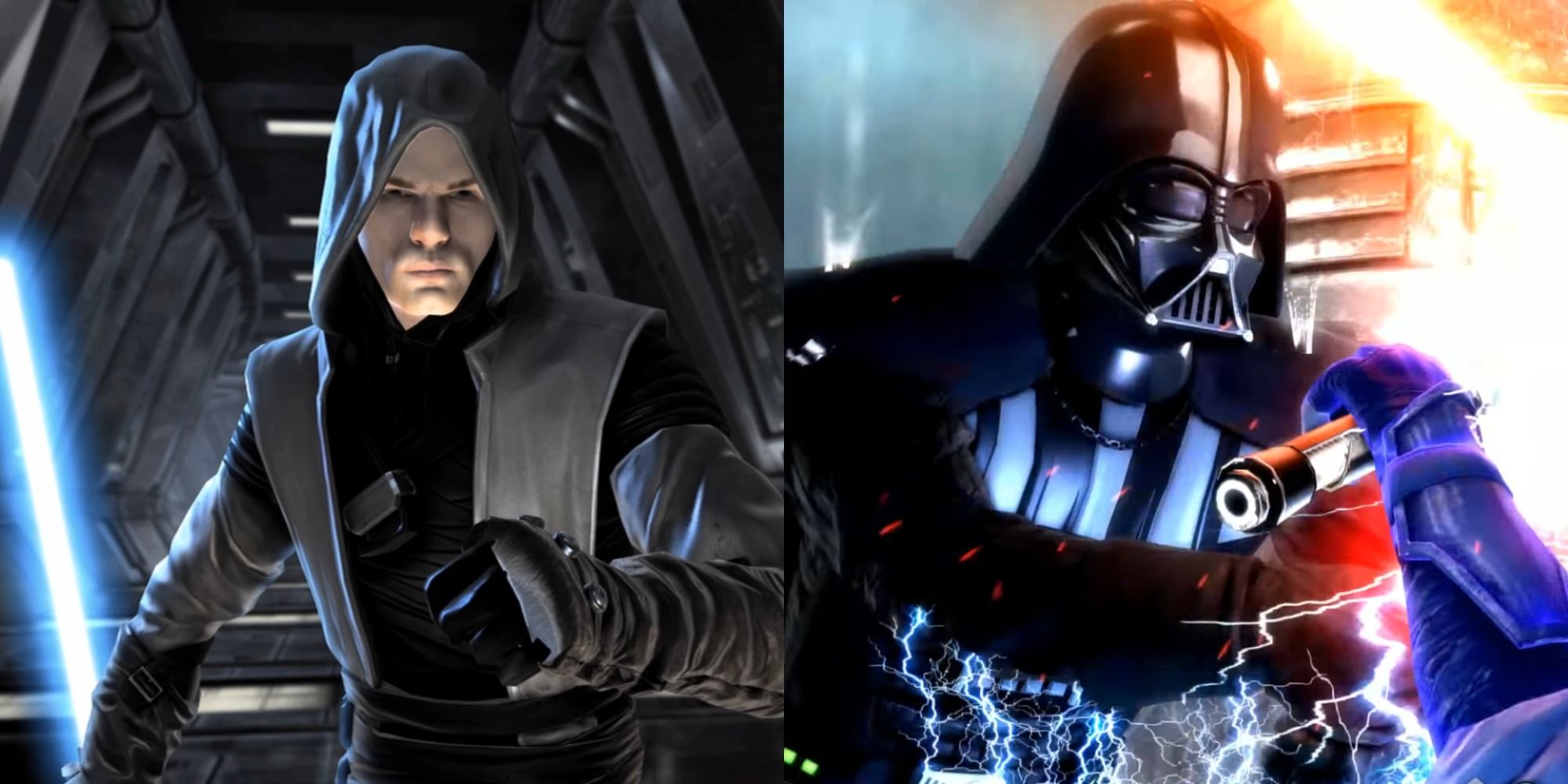 Split image of Galen Marek in The Force Unleashed and Starkiller fighting Darth Vader in The Force Unleashed II