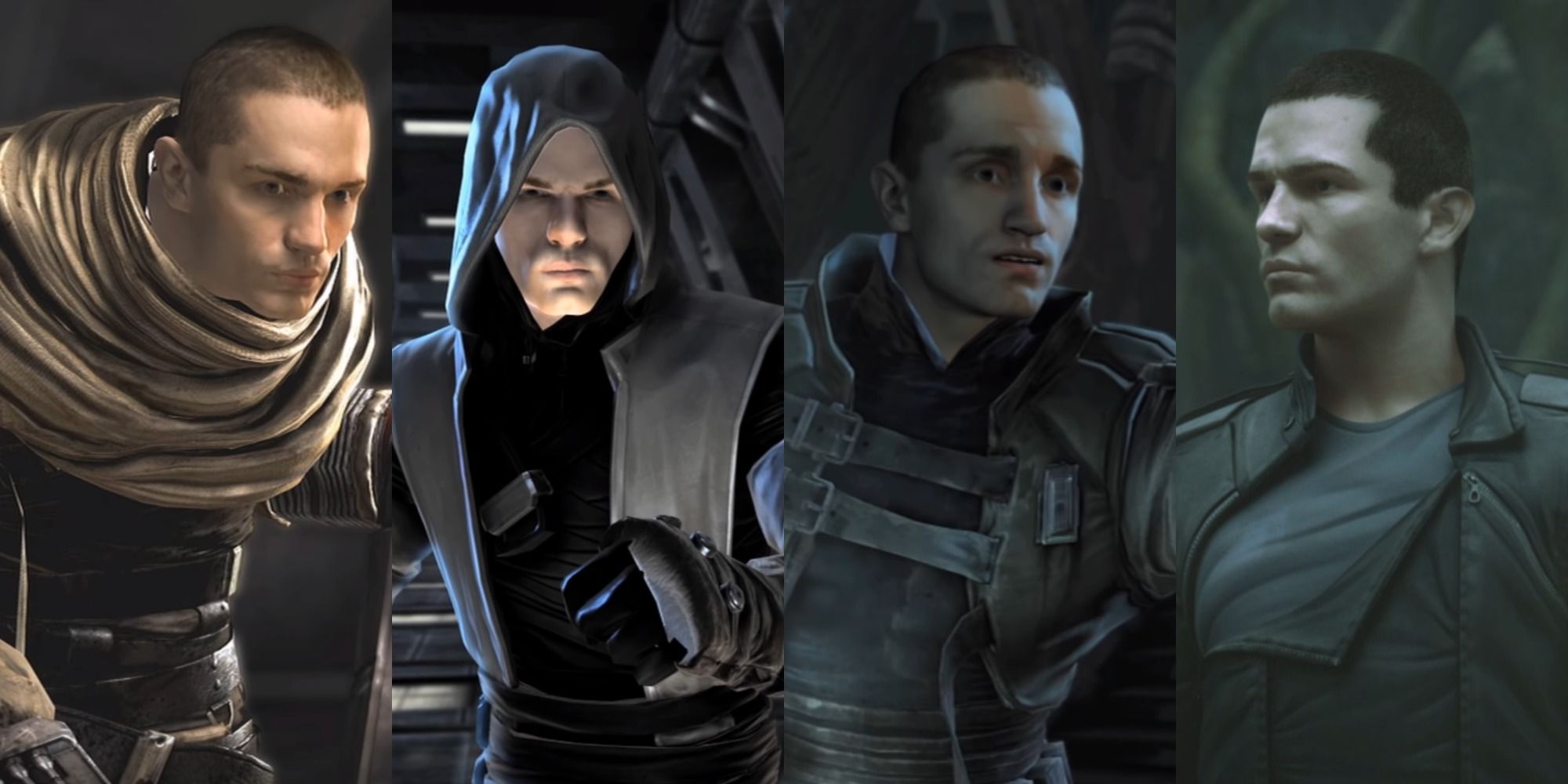 Split image of Starkiller in various costumes in The Force Unleashed franchise