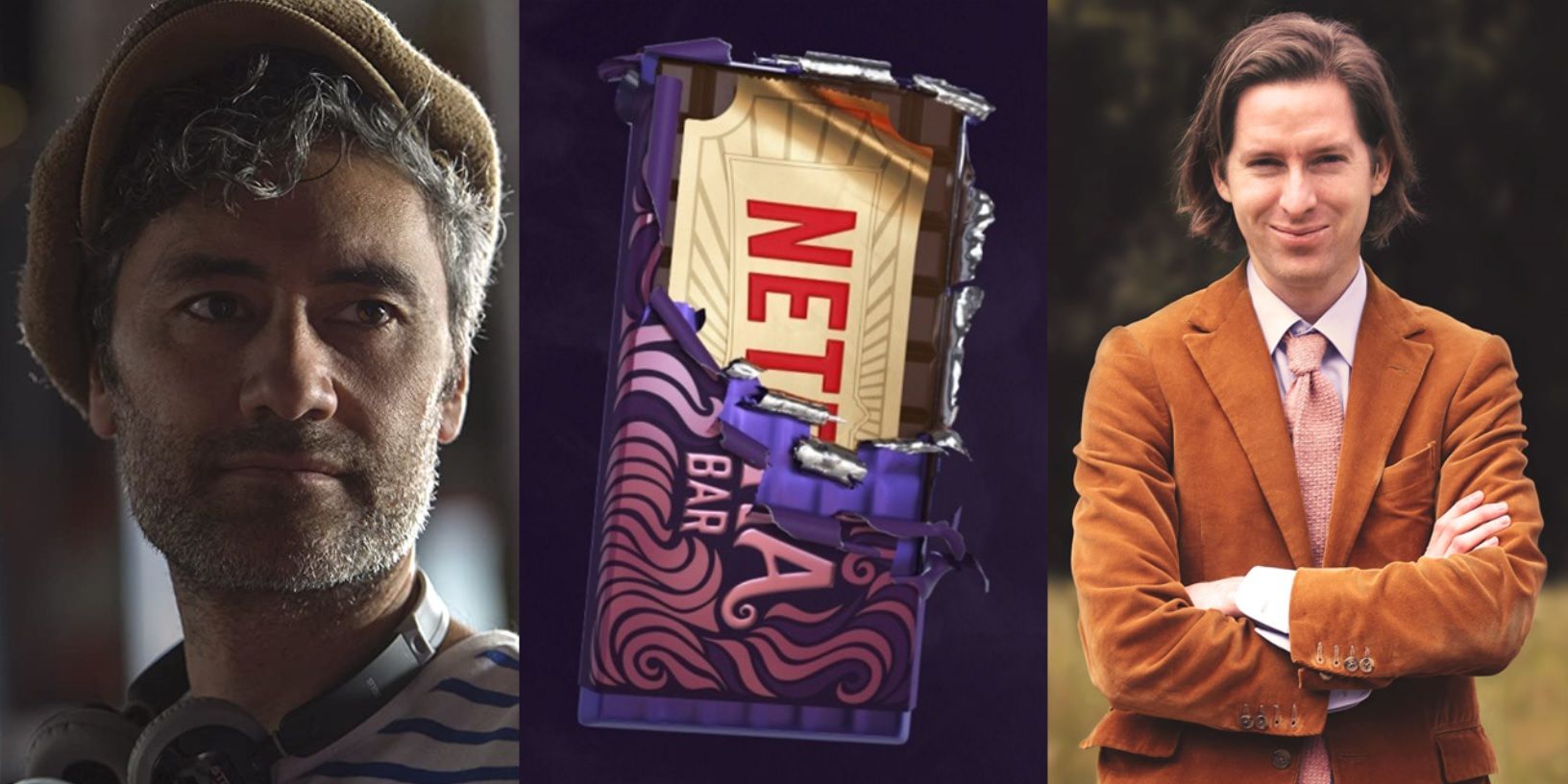 Split image of Taika Waititi, a Wonka bar with the Netflix logo inside it, and Wes Anderson