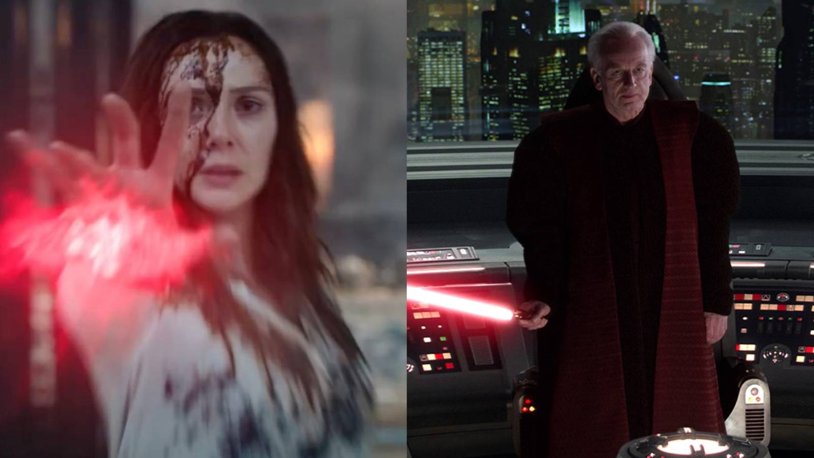 Split image of Wanda using dark magic in Multiverse of Madness and Palpatine with a lightsaber in Revenge of the Sith