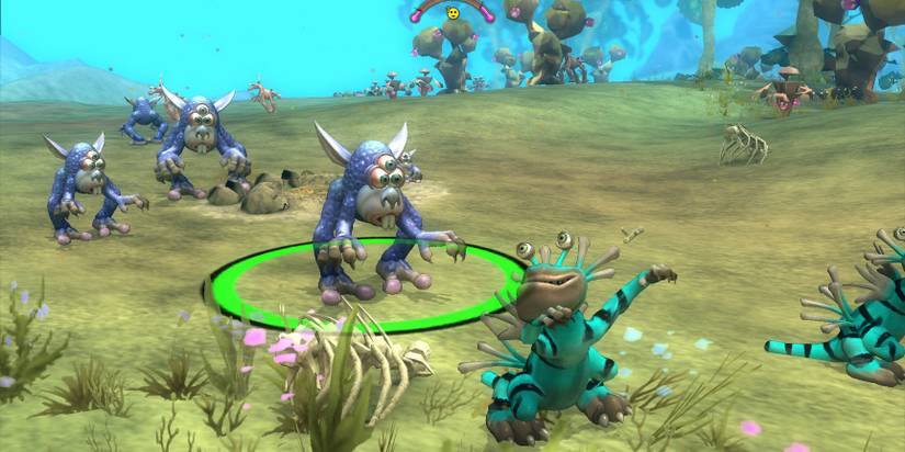 Several alien creatures on a plain with bizarre vegetation.