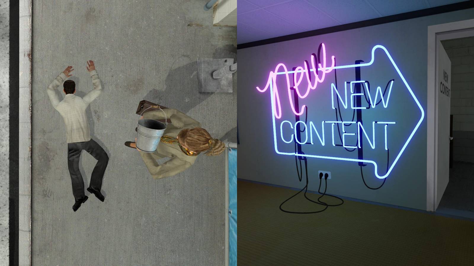 a man lying face down on a sidewalk while a woman with a metal bucket looks over him; a neon sign that says 