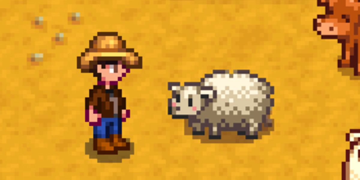 A farmer standing by a sheep in Stardew Valley