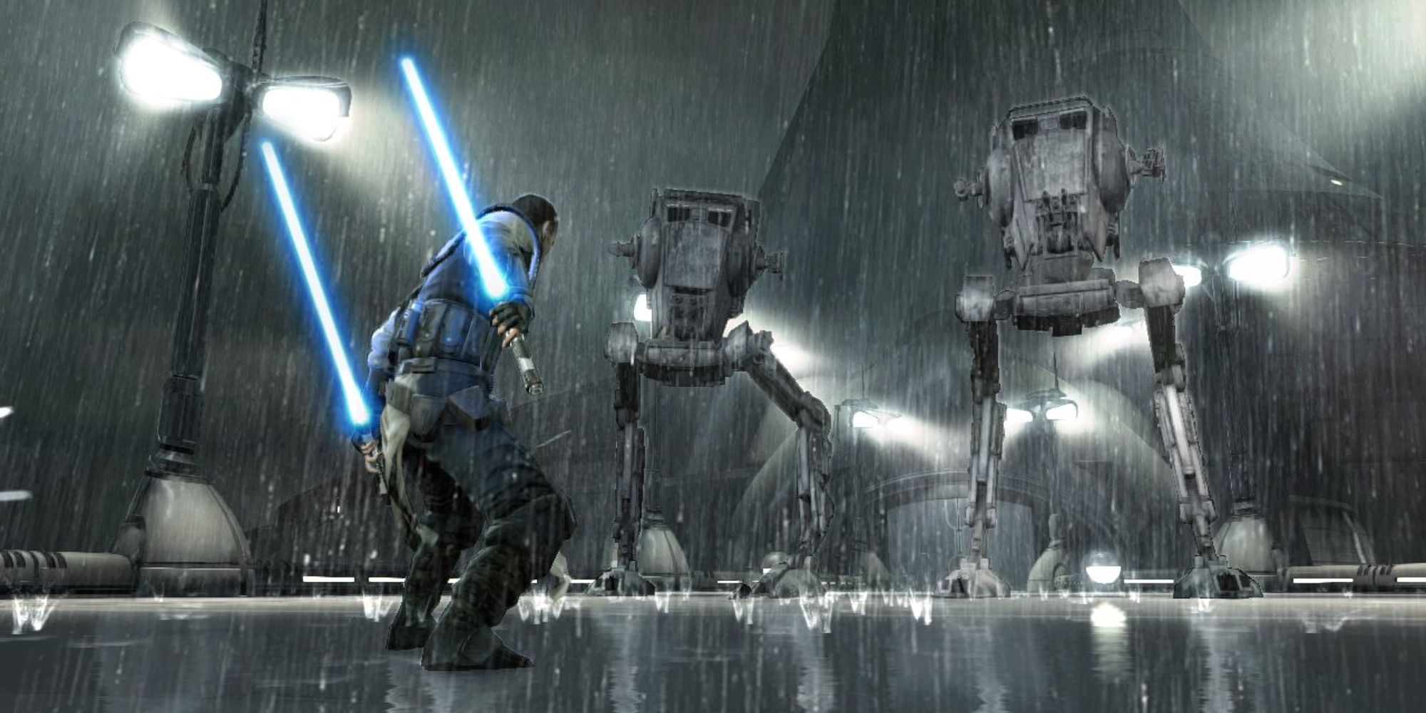 Starkiller confronting two AT-ST walkers in The Force Unleashed II