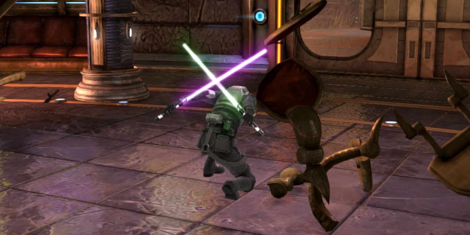Starkiller landing with green and purple lightsabers in The Force Unleashed II