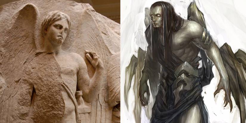 Image depicting statue Greek God Thanatos (Left) and In Game Artwork of Thanatos (Right)