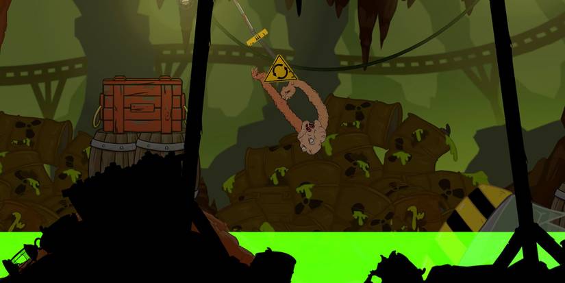 A grotesque creature swinging over nuclear waste in Struggling