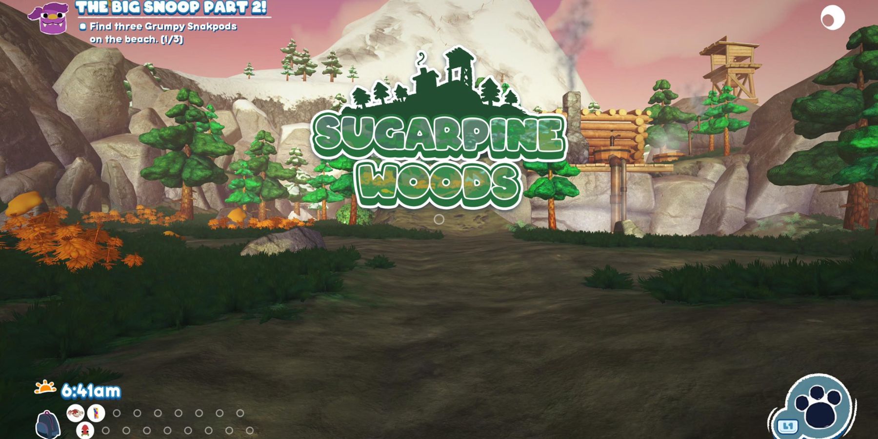 a woodsy region with a log cabin, pine trees, and a large, snow-capped mountain in the distance. the words Sugarpine Woods hover in the middle of the screen