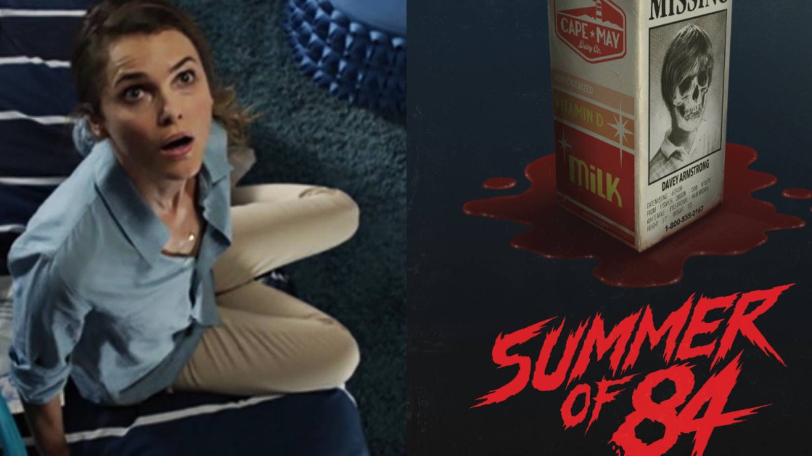 Split image of Lacy (Keri Russell) looking scared in Dark Skies and the movie poster for Summer Of '84