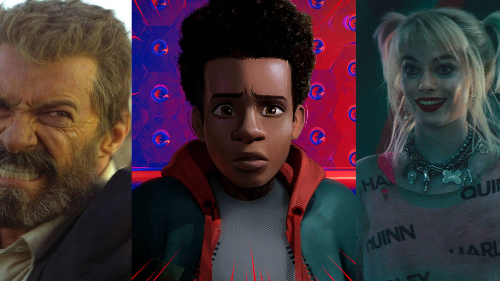 Logan angrily fighting in Logan (2017); Miles Morales feeling his spider sense in Into the Spiderverse; Margot Robbie as Harley Quinn in Birds of Prey