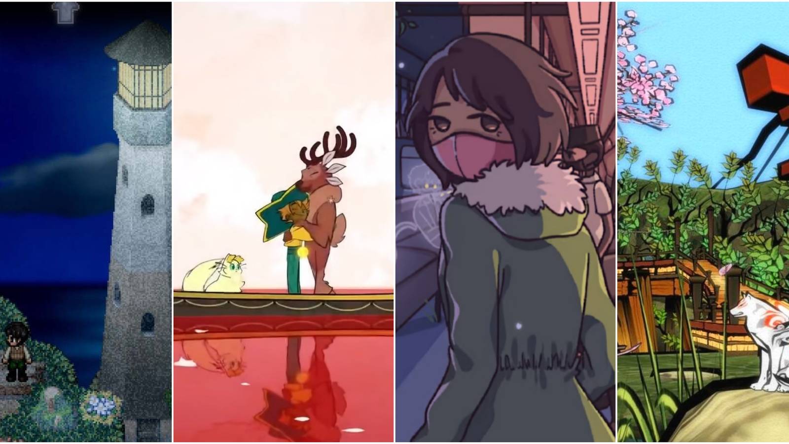 Left to right: To The Moon, Spiritfarer, What Comes After, and Okami