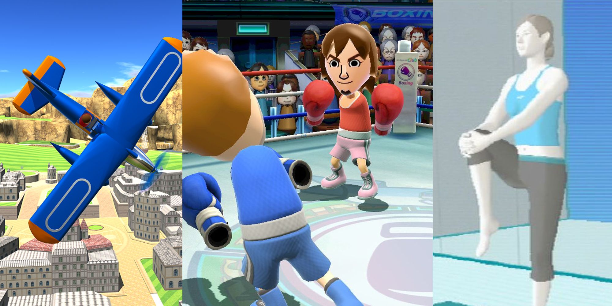 A plane flying downward in Wuhu Island; the Boxing game in Wii Sports Club for Wii U; the Wii Fit Trainer stretching in Wii Fit