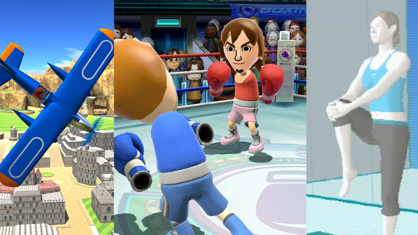 A plane flying downward in Wuhu Island; the Boxing game in Wii Sports Club for Wii U; the Wii Fit Trainer stretching in Wii Fit