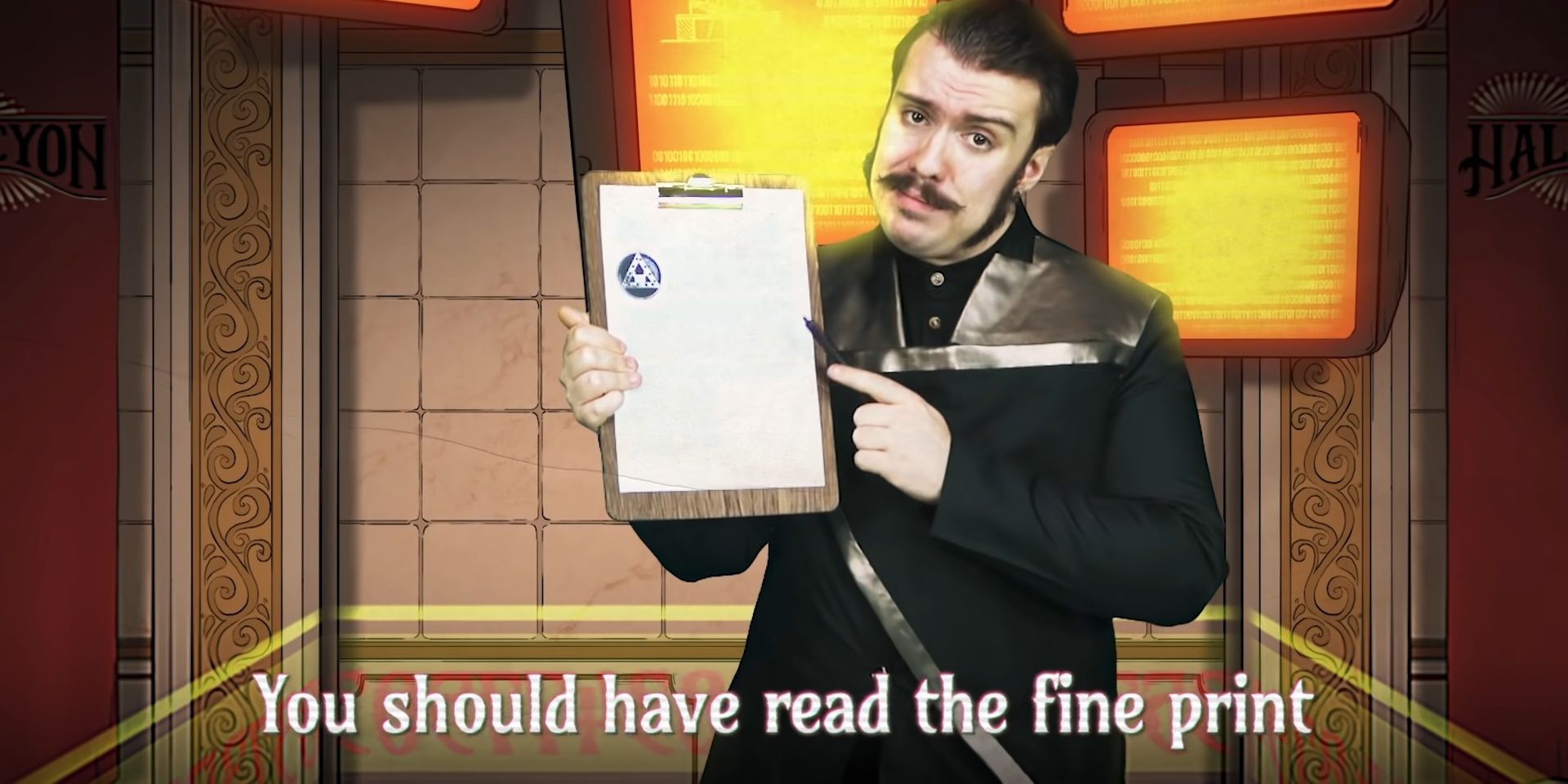 The Stupendium against a background with two orange, glowing monitors, pointing at a clip board. The caption reads, "You should have read the fine print." Credit: The Stupendium YouTube