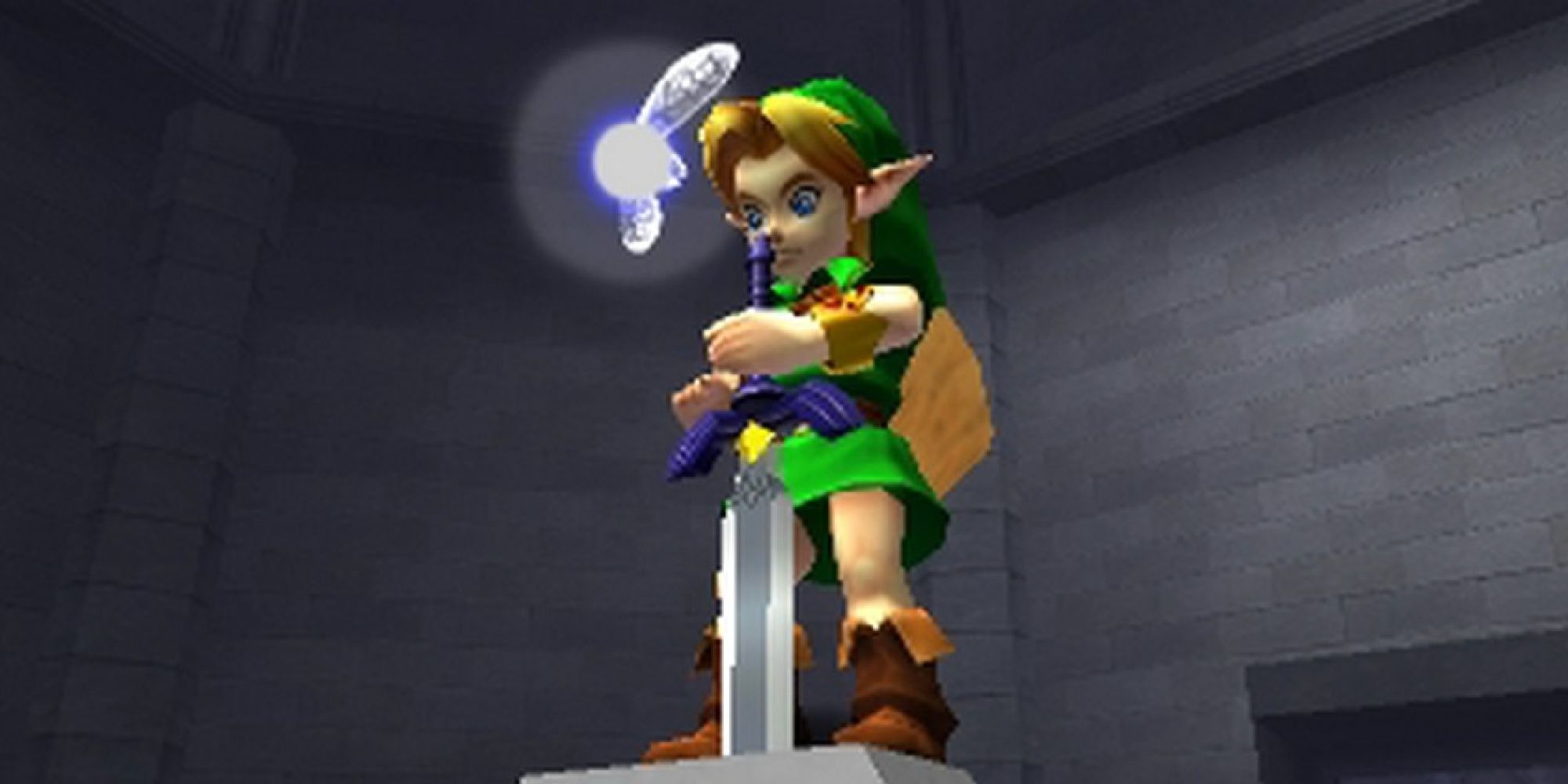 Navi hovering near Link as he returns the Master Sword in the Temple of Time in Ocarina of Time 3D