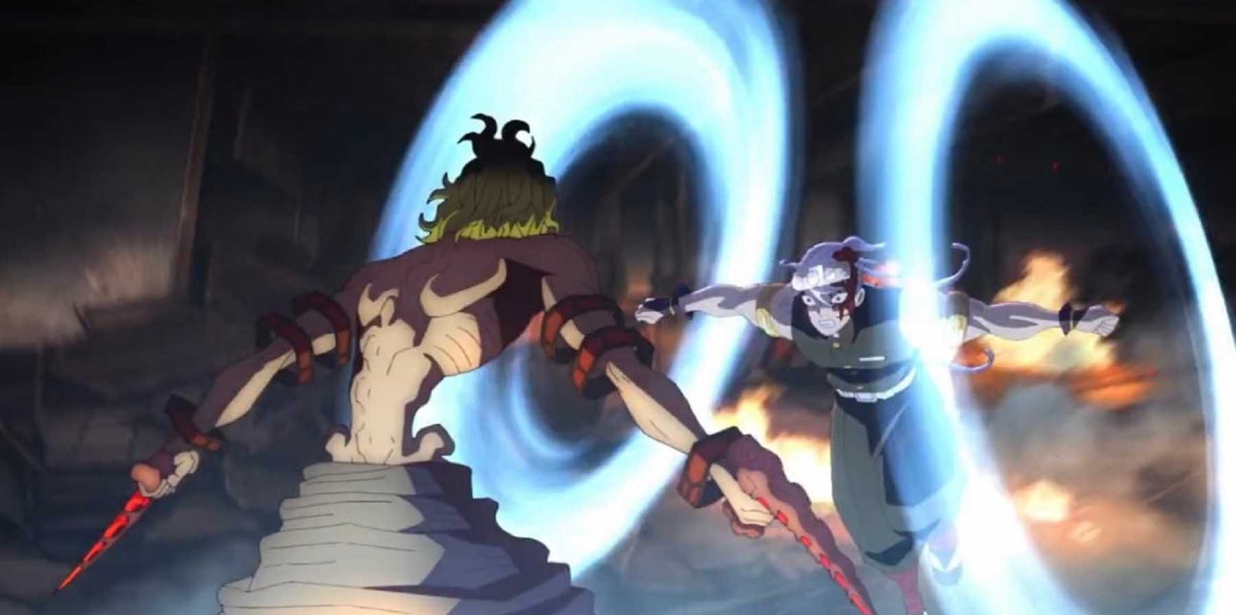 Tengen using Sound Breathing against Gyutaro in Demon Slayer.