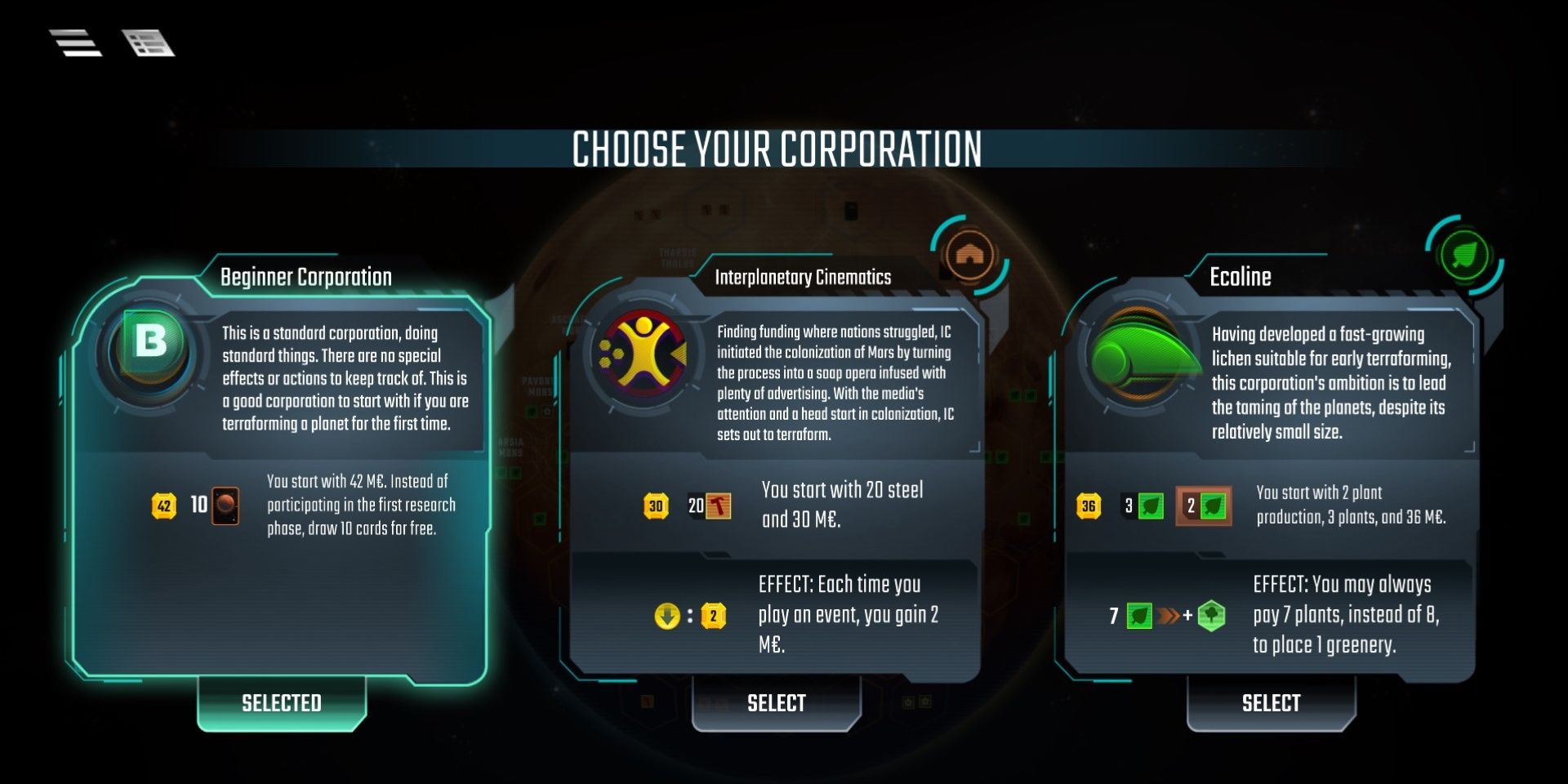 Terraforming mars digital game showing beginning choices 