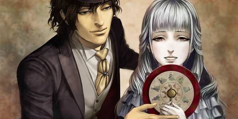 The House In Fata Morgana two characters smile, one girl holding a round disc