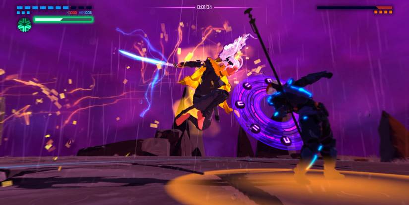 The Onnamusha Rider using a charged attack in Furi