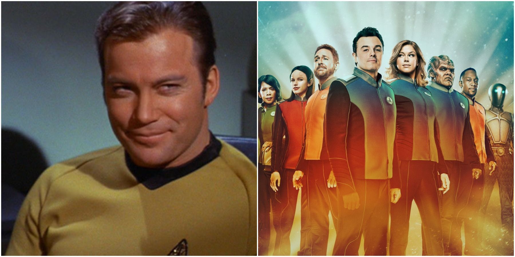 left: Captain Kirk; right: cast of The Orville