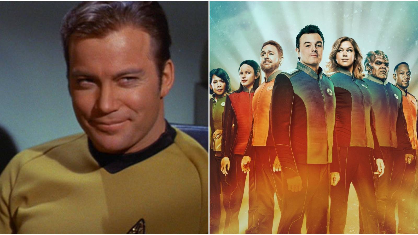 left: Captain Kirk; right: cast of The Orville