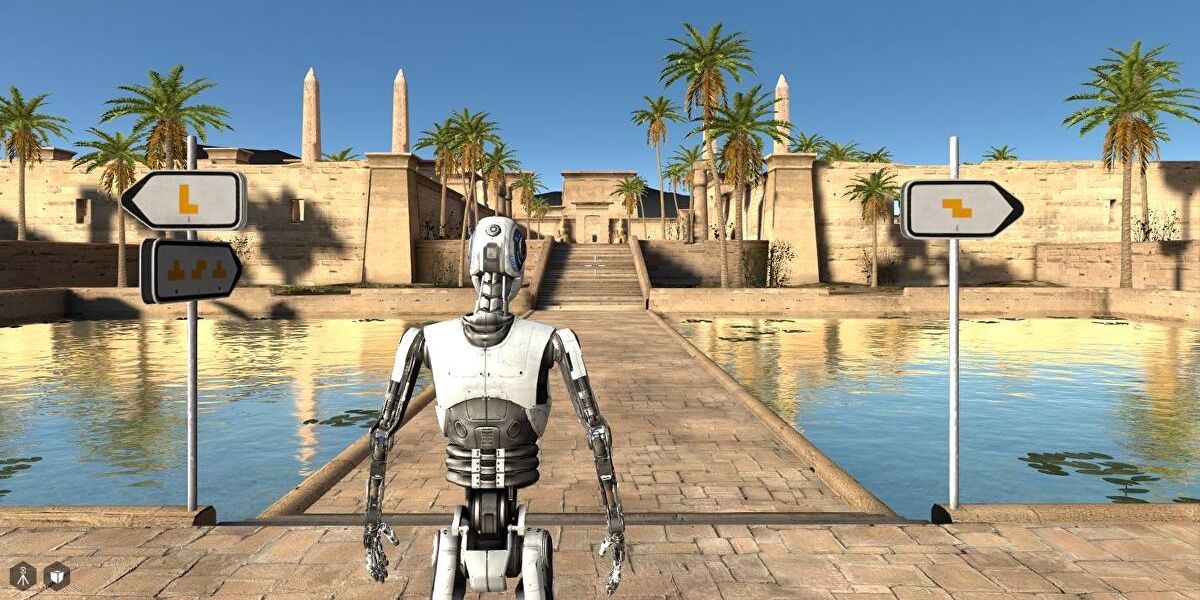 A white, humanoid robot, in front of a bridge on an Egyptian oasis. Image credit: eurogamer.net