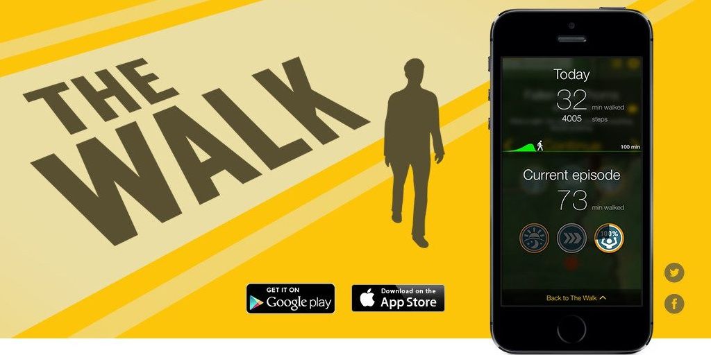 The Walk App Title With Mobile Phone Showing Episode Number & Minutes & Steps Walked