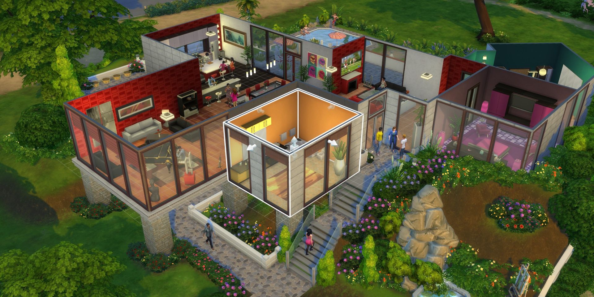 Дом с множеством окон и входящими в него персонажами в The Sims 4