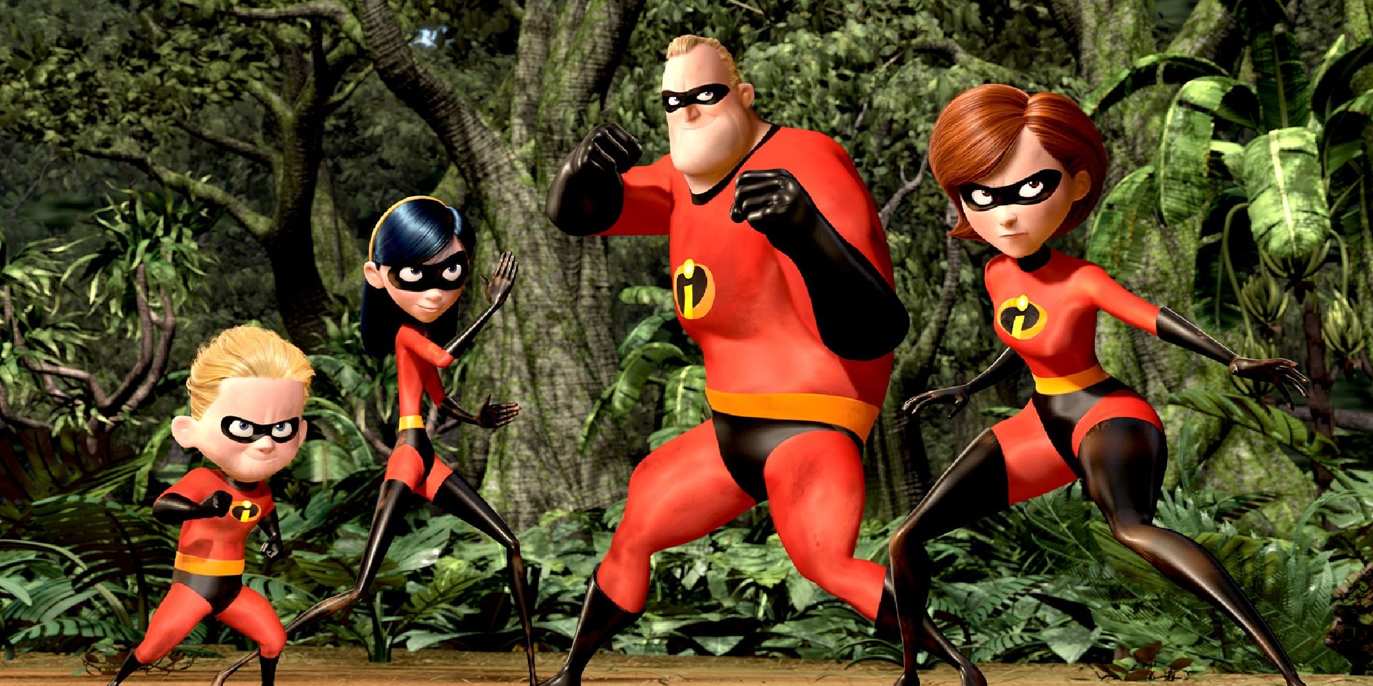The Incredibles family posing together in the jungle in their iconic red outfits