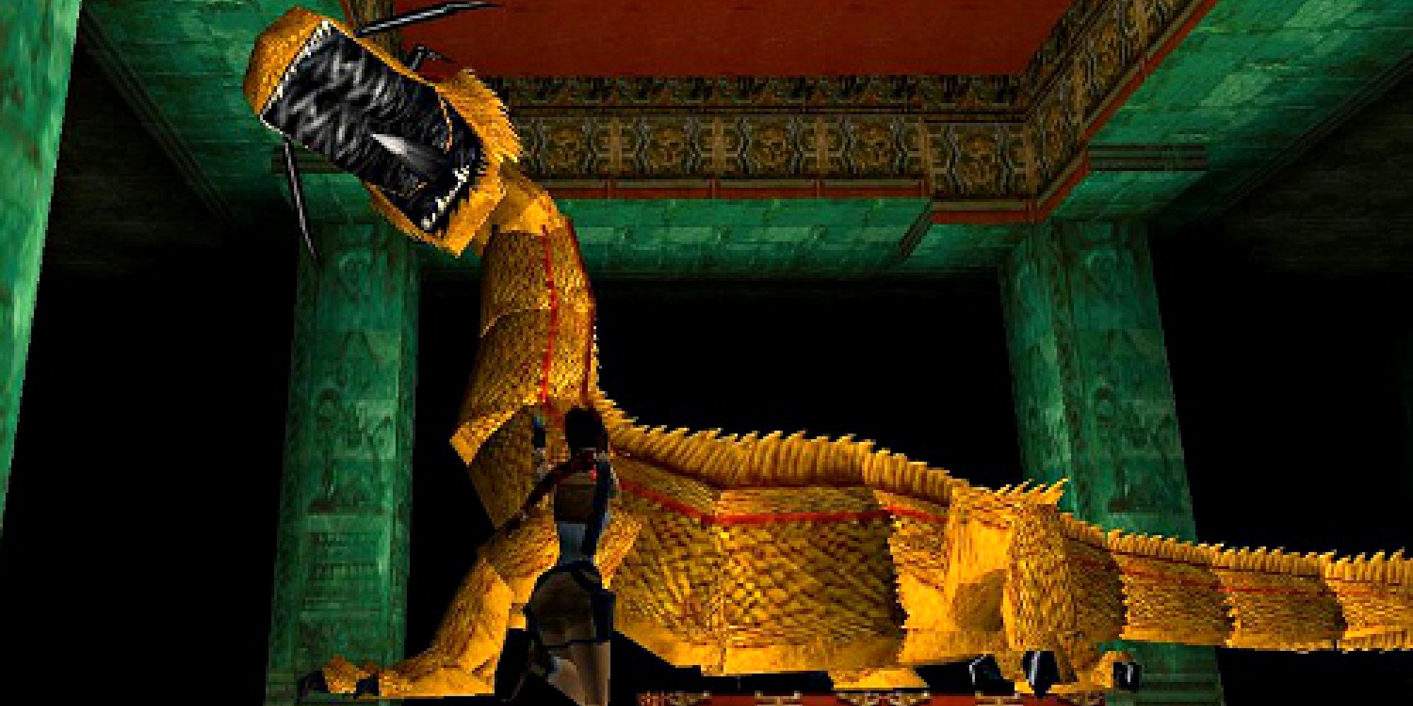 Lara fighting Bartoli in his dragon form in Tomb Raider 2