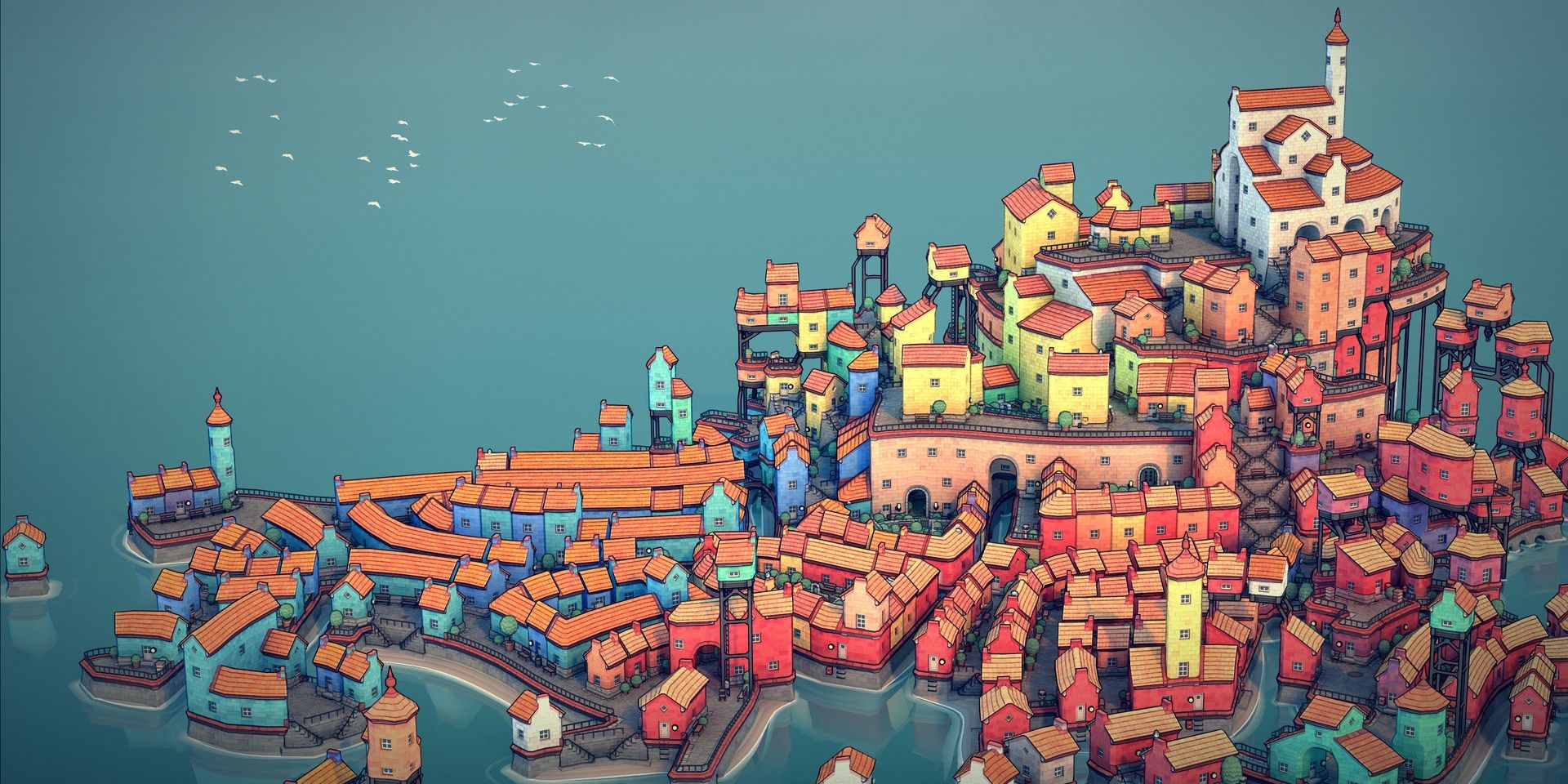 A crowded town on the water built in Townscaper
