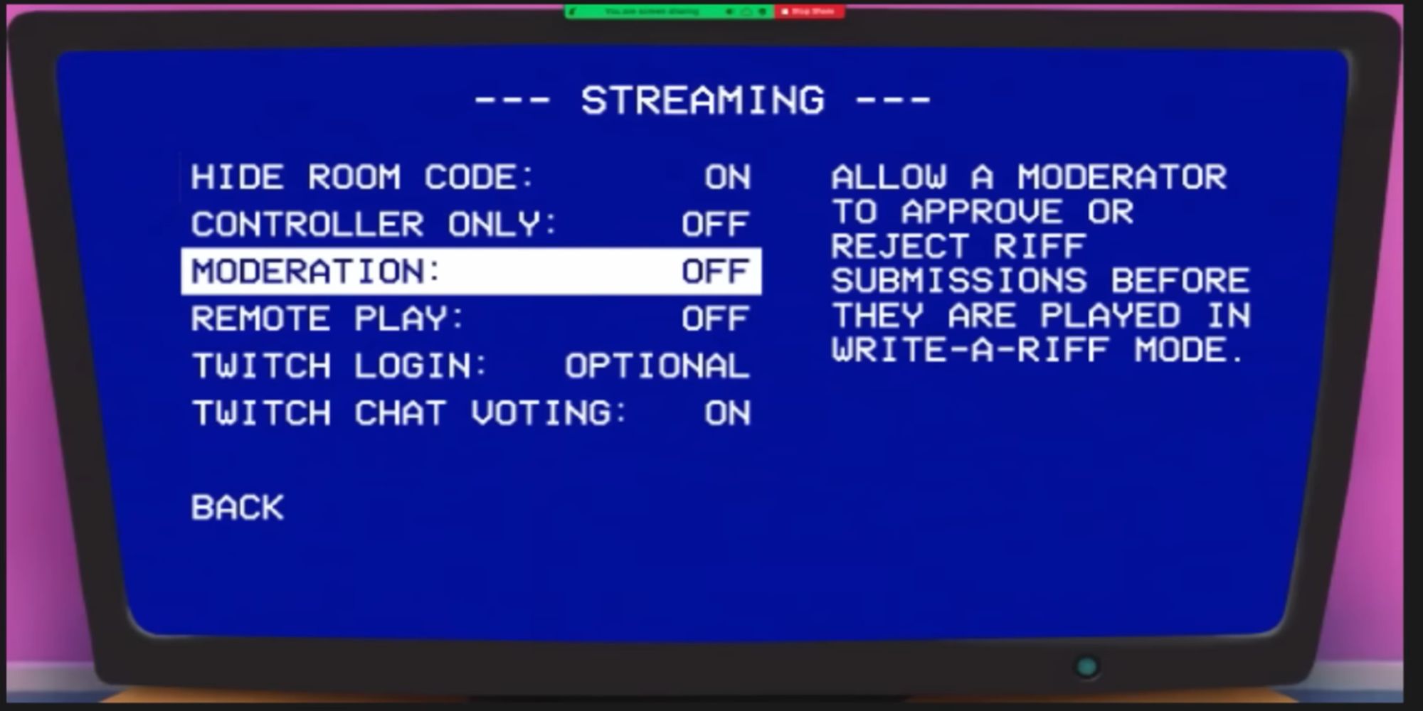 Image Showing The Options Available For Twitch Streaming In RiffTrax: The Game