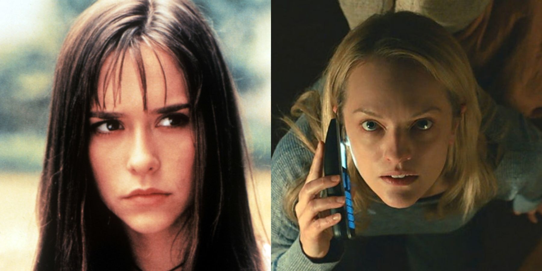 Split image of Julie James (Jennifer Love Hewitt) in I Know What You Did Last Summer and Cecilia Kass (Elizabeth Moss) in The Invisible Man