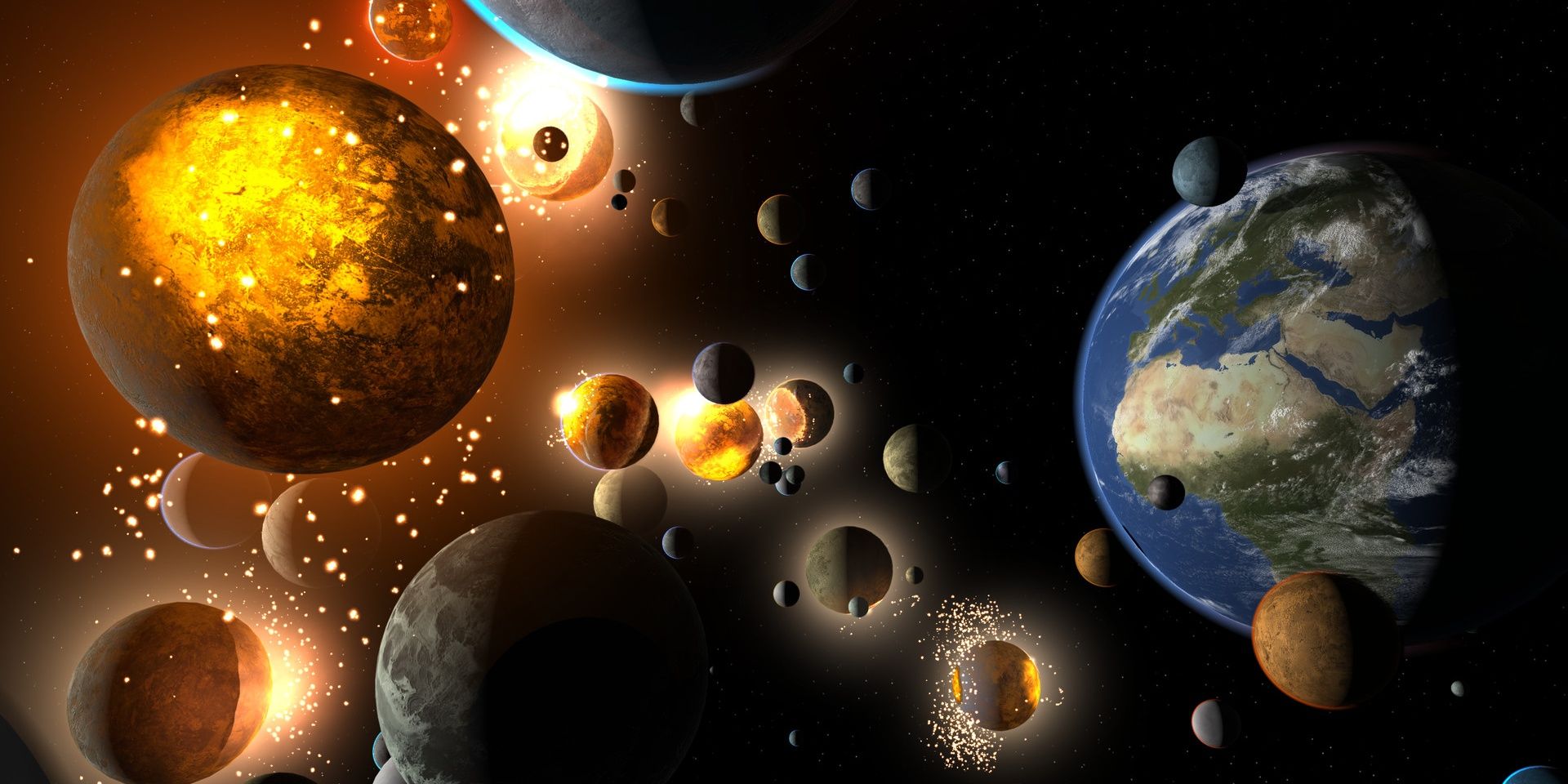 Земля и различные планеты, а крайняя левая планета взрывается во Вселенной Песочнице.