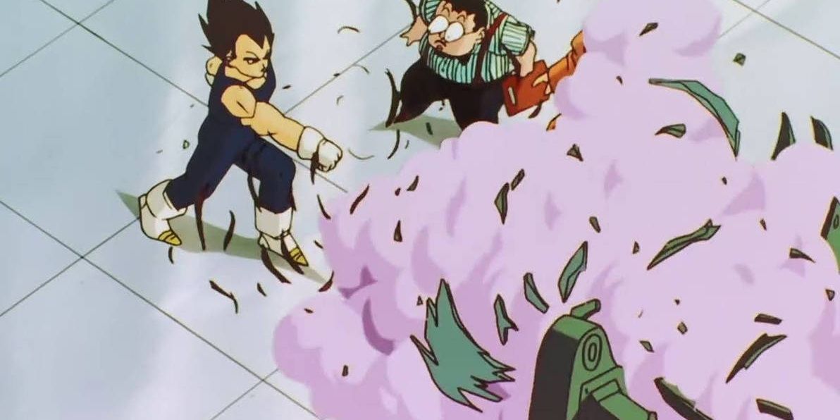 Vegeta destroys the punching machine in Dragon Ball Z