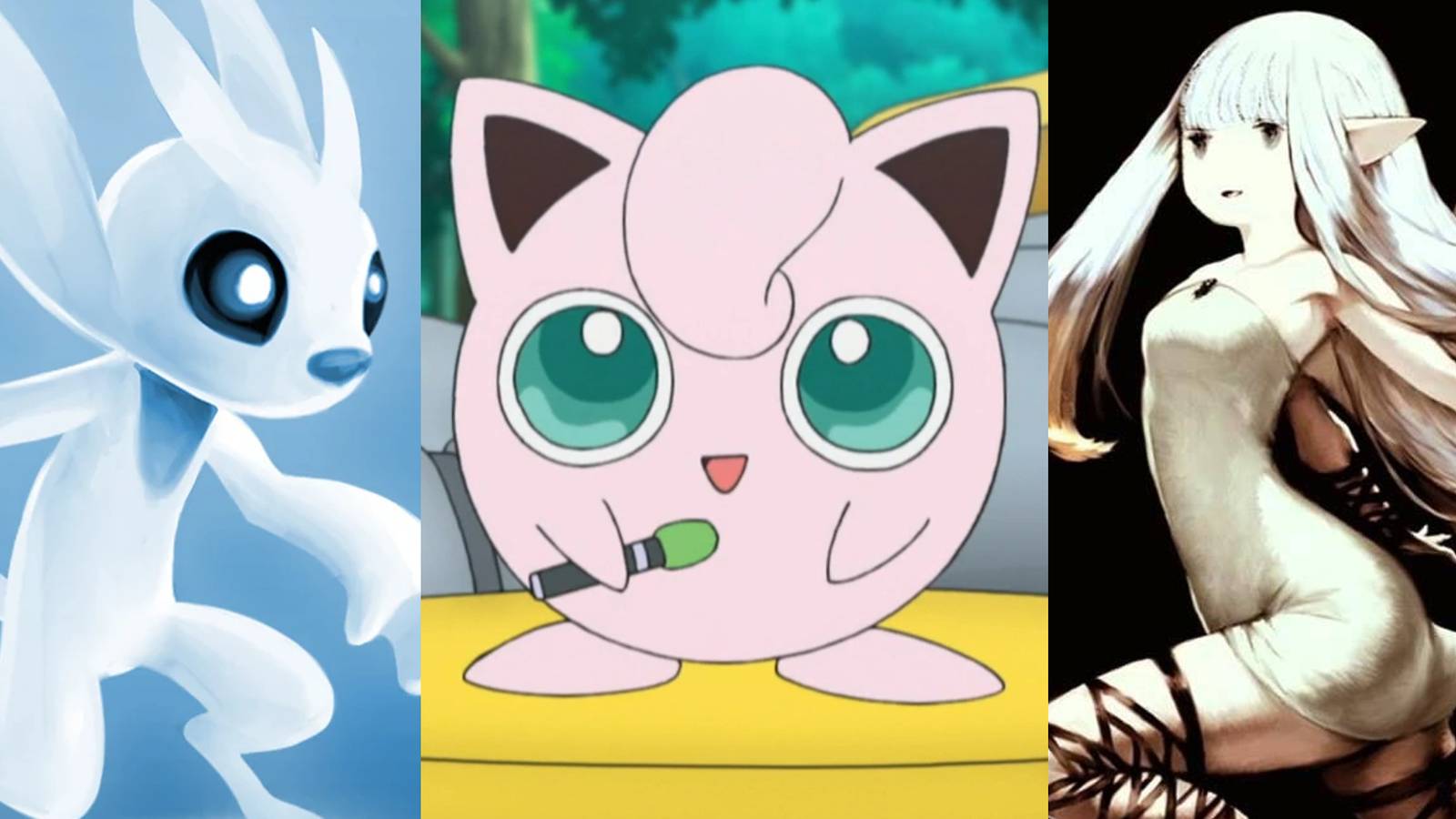 Concept art of Ori from Ori and the Blind Forest; Jigglypuff holding its microphone pen in the Pokemon anime; Airy in official artwork from Bravely Default