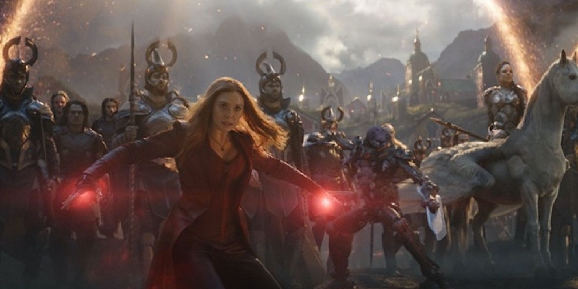 Wanda appearing from one of the portals in front of the Asgardian army in Endgame