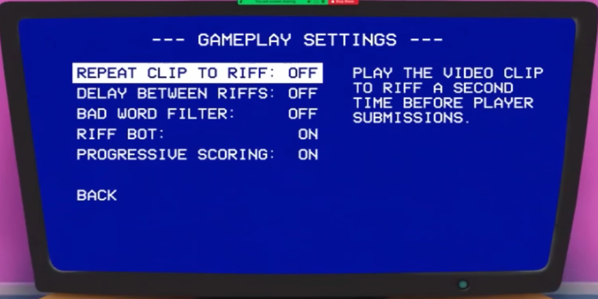 Image Depicting Gameplay Options in RiffTrax: The Game