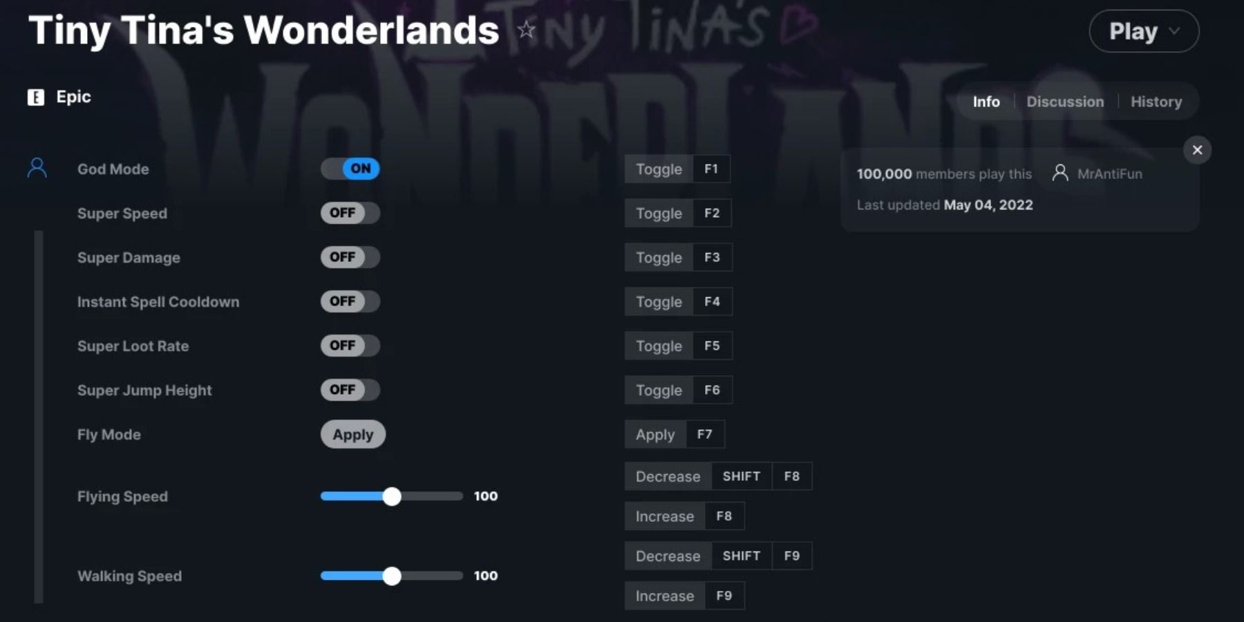 Wemod Tiny Tina’s Wonderlands Cheats layout