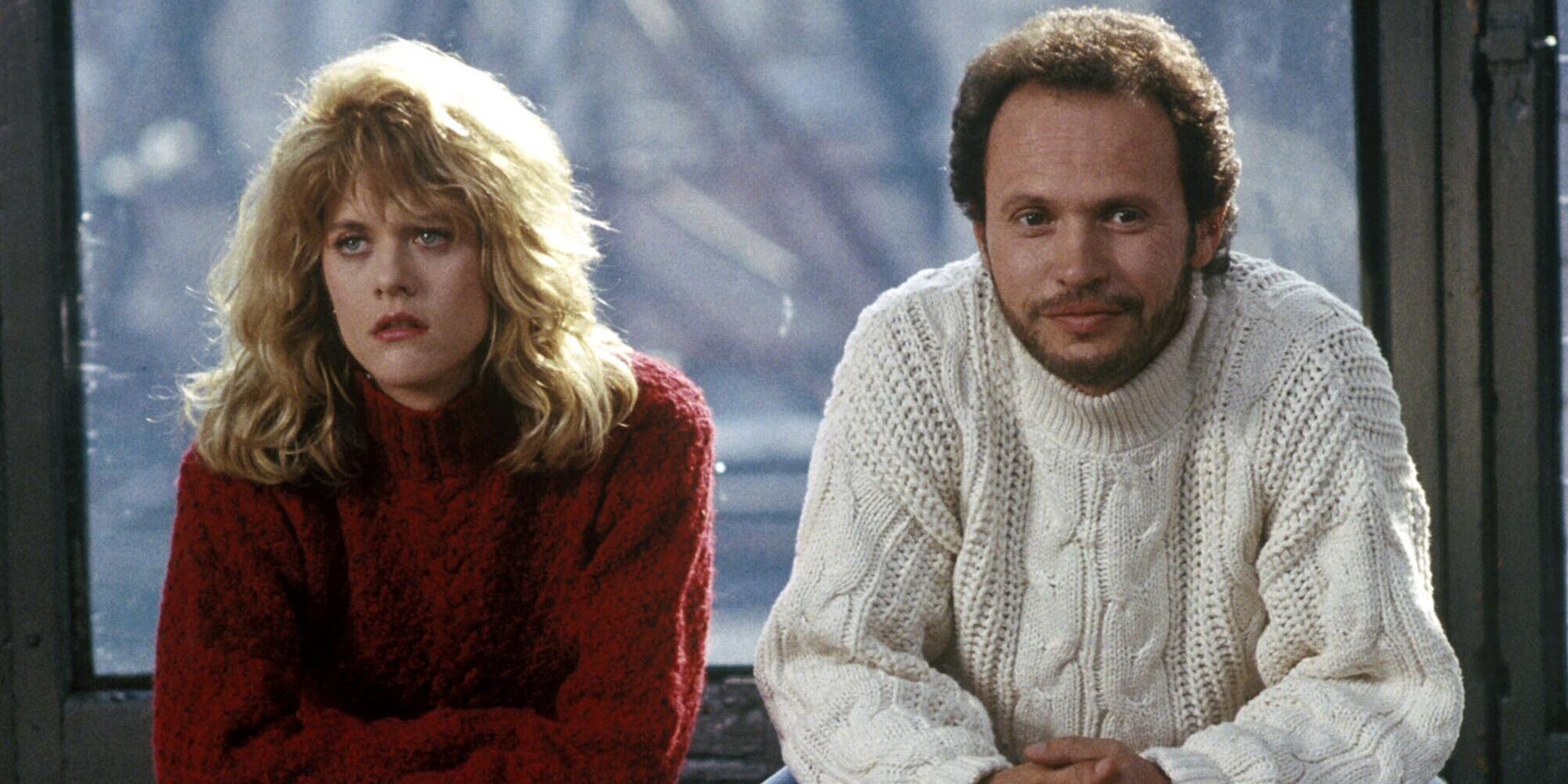Harry and Sally wearing sweaters while kneeling down in an apartment in When Harry Met Sally...