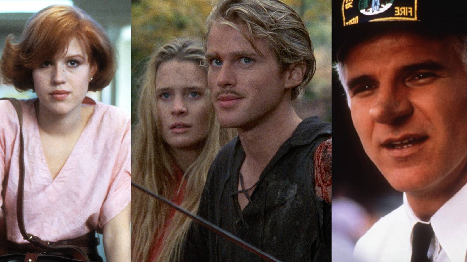 Molly Ringwald in The Breakfast Club; Cary Elwes and Robin Wright in The Princess Bride; Steve Martin with a large nose in Roxanne