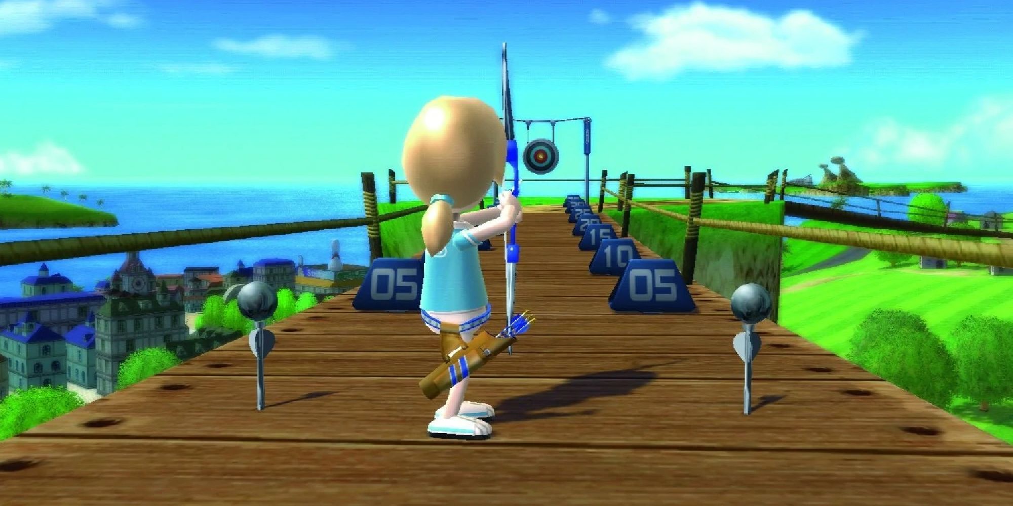 A Mii aims at a target across a bridge on Wuhu Island in Wii Sports Resort