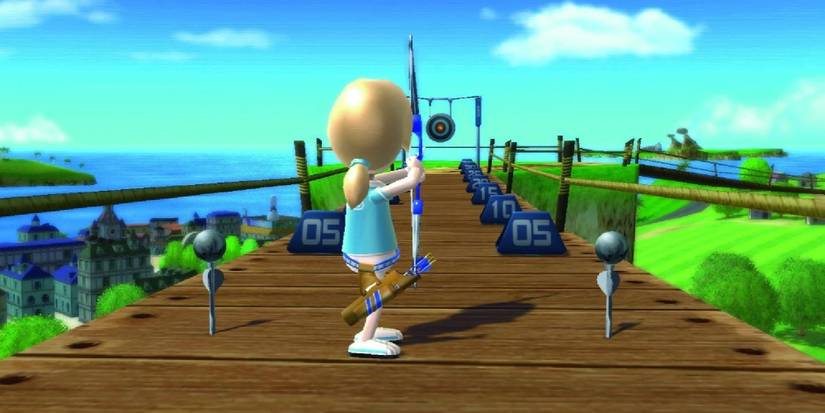 A Mii aims at a target across a bridge on Wuhu Island in Wii Sports Resort