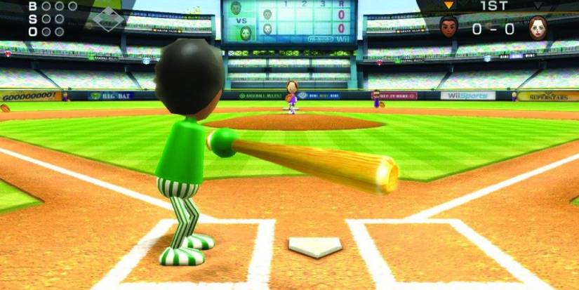 A Mii with green clothes is up to bat in Wii Baseball in Wii Sports