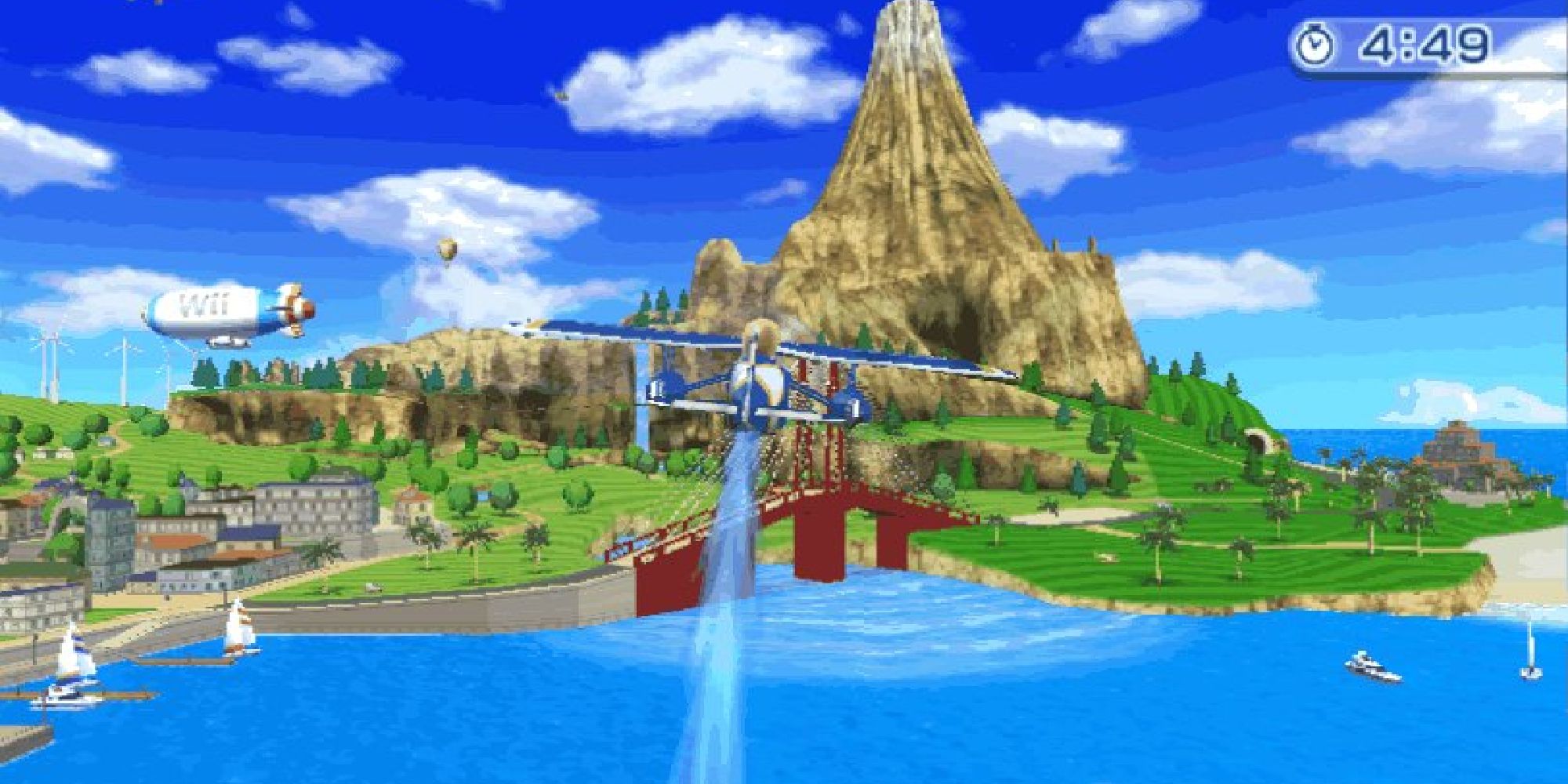 A Mii piloting a blue plane over the sea in Wuhu Island in Wii Sports Resort