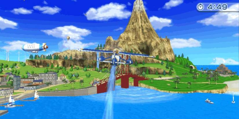 A Mii piloting a blue plane over the sea in Wuhu Island in Wii Sports Resort