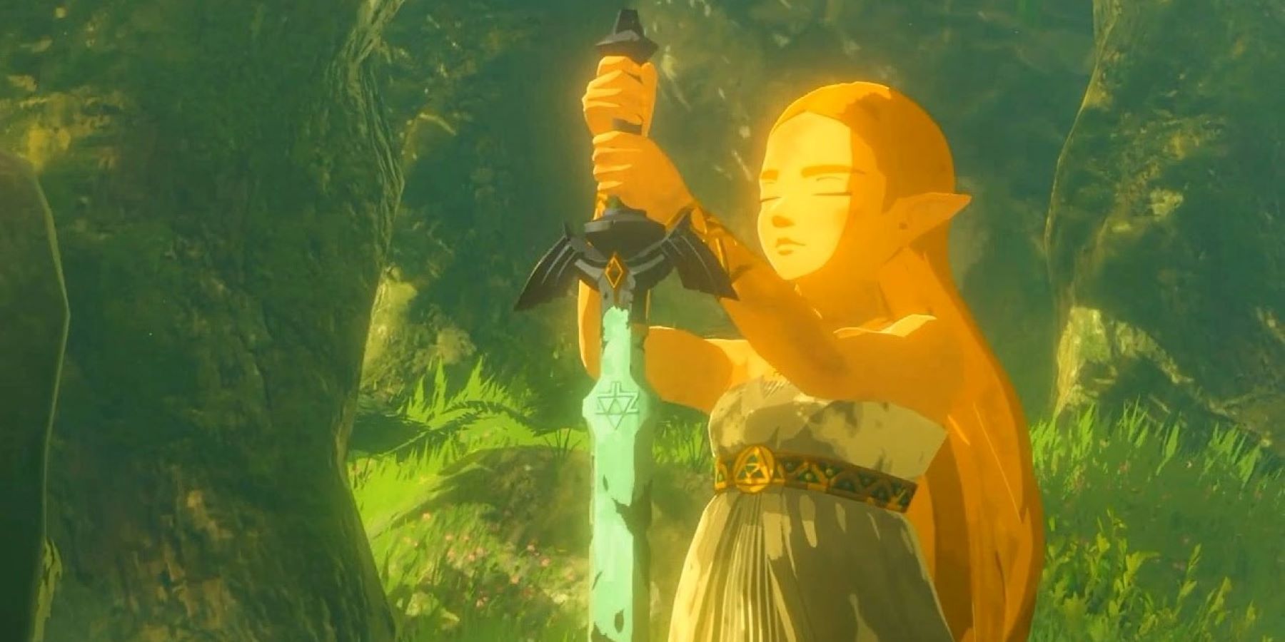 Zelda returning the Master Sword to its pedestal under the Great Deku Tree in The Legend of Zelda: Breath of the Wild