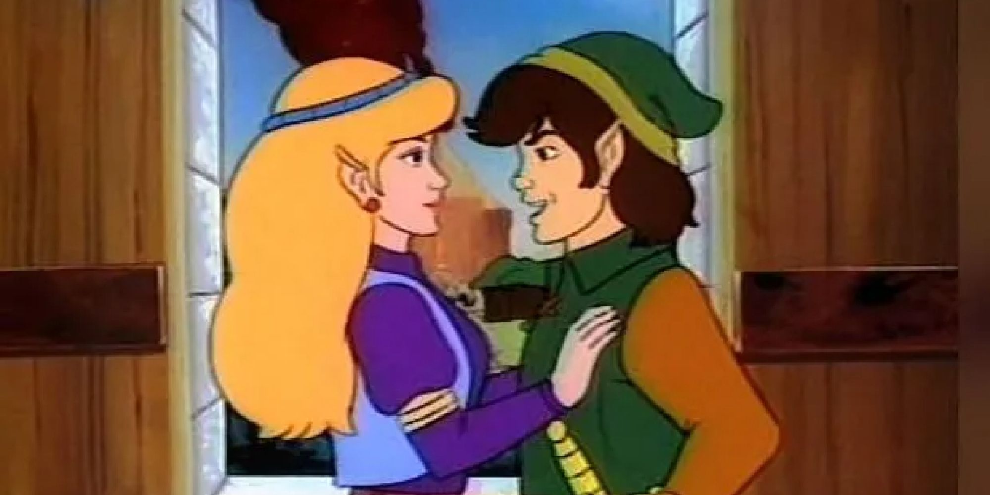 Zelda romantically facing Link in a shot from the 1989 series