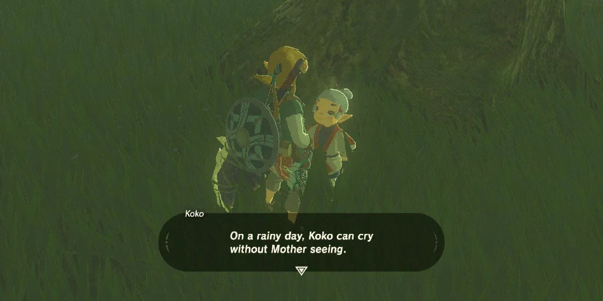 Link talking to Koko, who tells him that when it rains, she can cry without her mother seeing